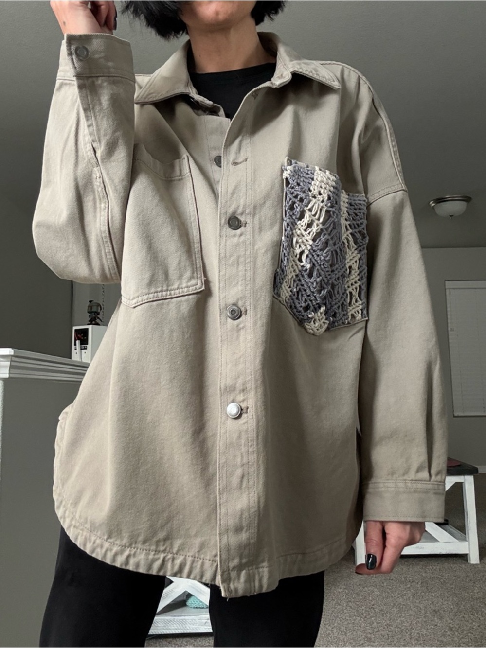 Neutral Beige/Gray Mixed ColorOversized Button-Up Jacket with Crochet Pocket